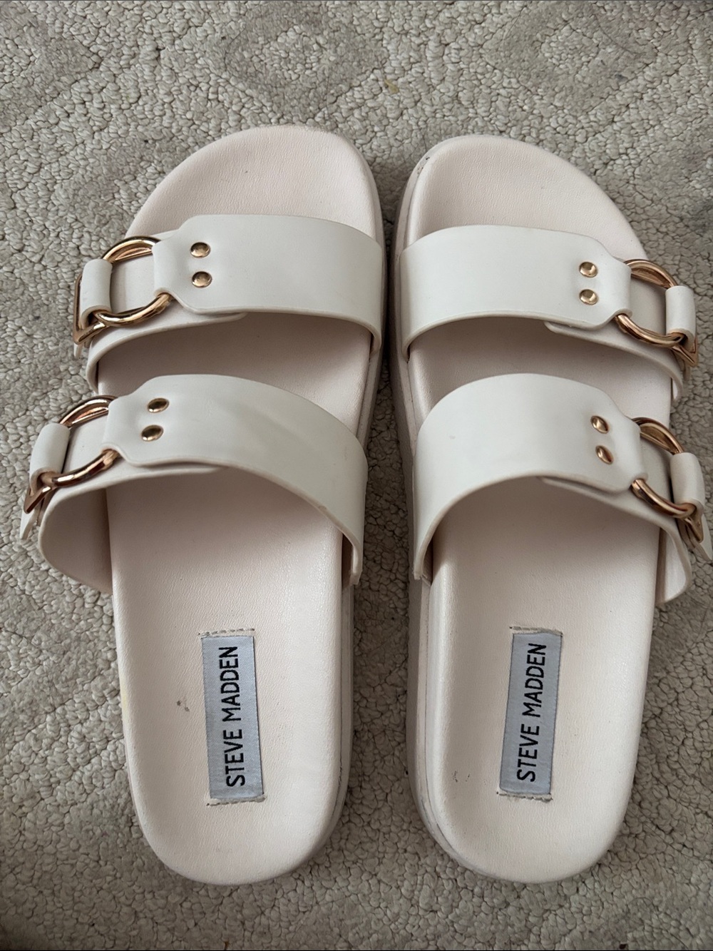 Steve Madden Cream Double Buckle Slide Sandals with Gold Hardware
